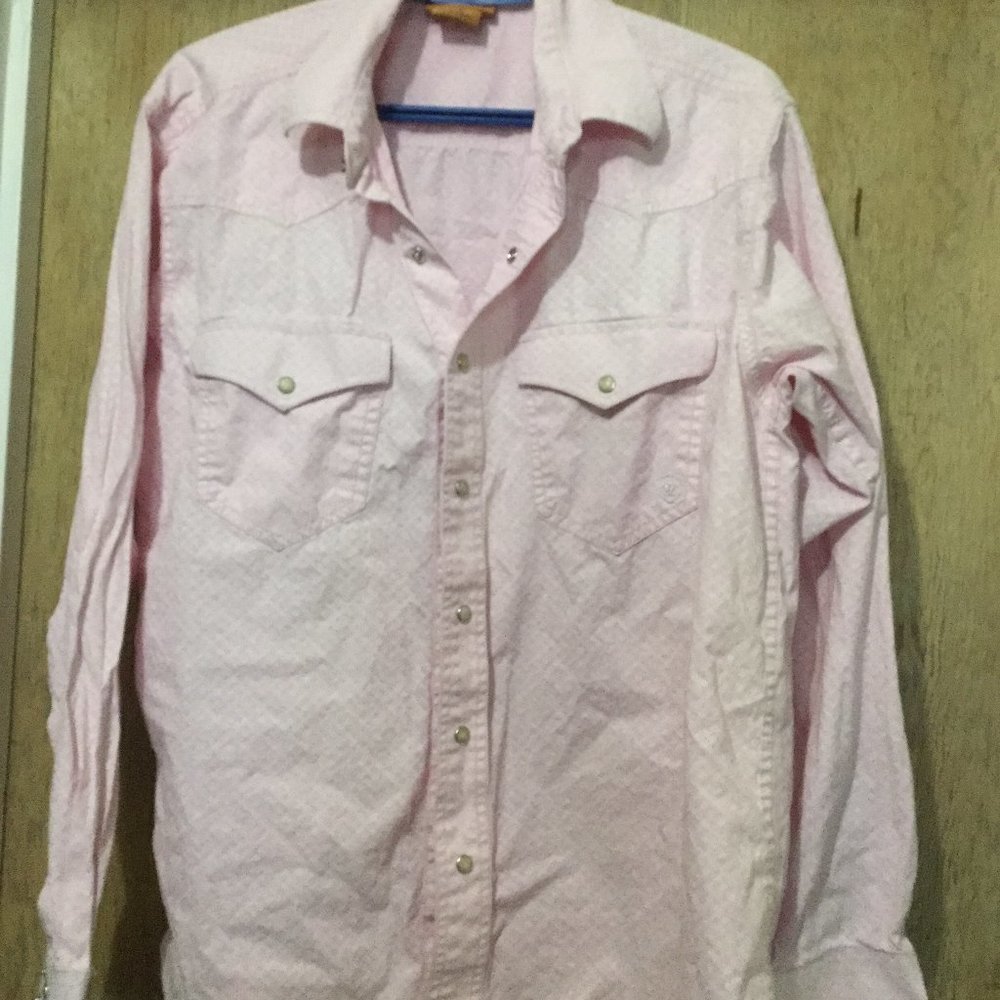 Man's Ariat Western pearl snap front pink and white long sleeve shirt size large